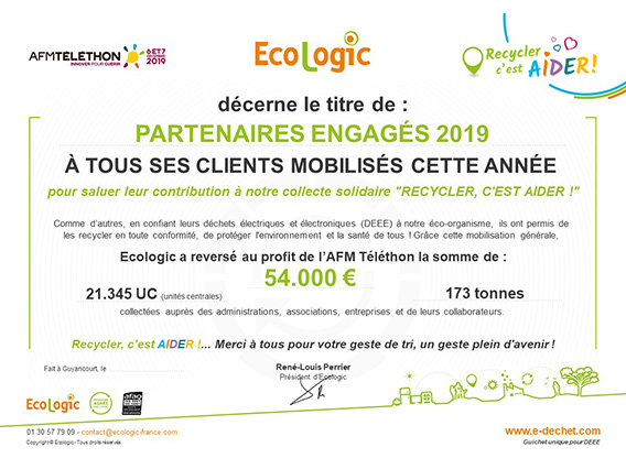 Telethon 2019 Ecologic Recycler c aider Diplome tous clients ecologic-SPECIMEN