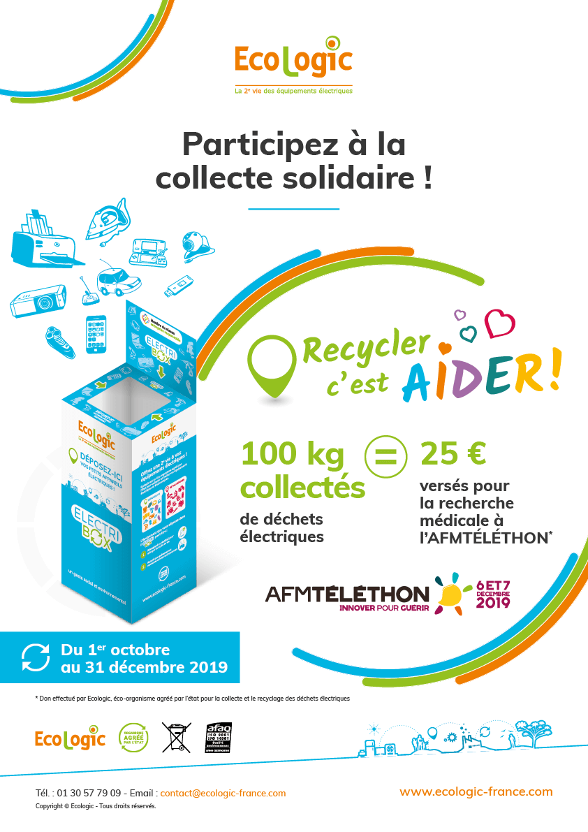 Ecologic Recycler c'est aider Collecte solidaire pour le téléthon 25 euros tous les 100 kg